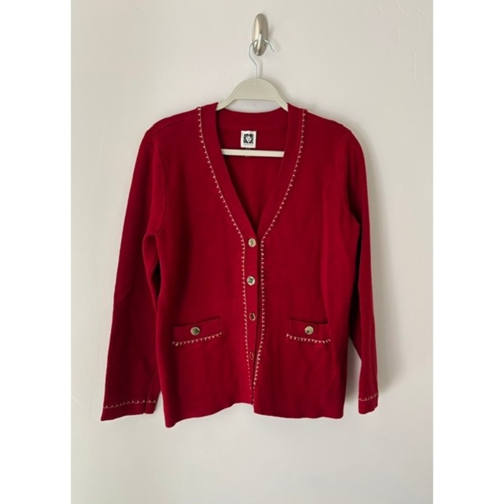 Anne Klein Red V-Neck Cardigan Whipstitch Gold Crest Button Front Sweater Large